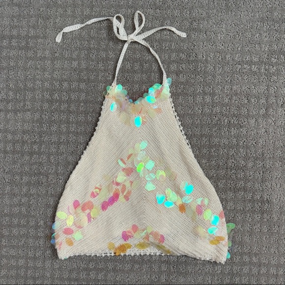 Sequin Embellished Halter Tank Top - Cream - Picture 3 of 5